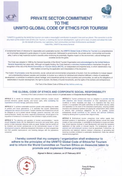 Unwto Commitment Signatory: Syndicate of Owners of Restaurants, Cafés, Night Clubs and Pastries